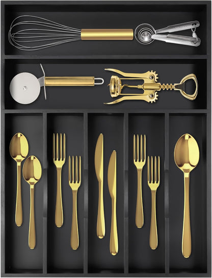 Silverware Organizer Bamboo Kitchen Drawer Organizer Utensil Organizer Silverware Holder Cutlery Organizer in drawer Flatware Organizer Tray (Black 5 Slots)