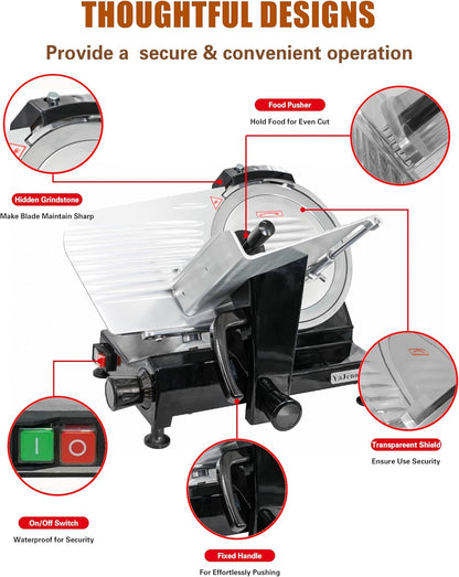 Black Electric Meat Slicer 10" 300W Deli and Ham Food Cheese Jerky Steak Slicer Cutting Machine with ETL Approved Semi-Auto 0-15MM Adjustable Slice Thickness