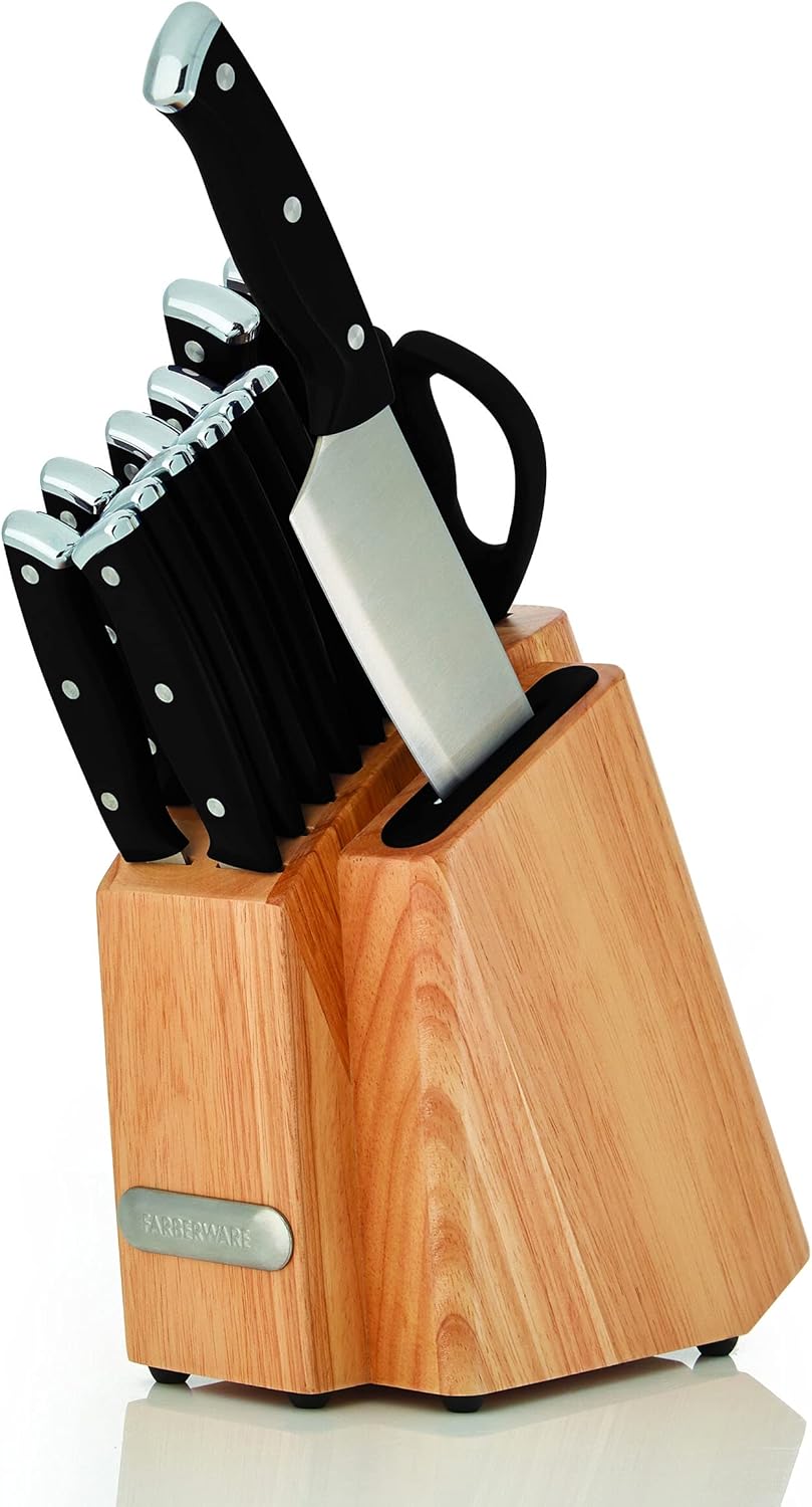 Farberware Edgekeeper Triple Riveted Slim Knife Block Set with Built in Sharpener, 14-Piece, Navy