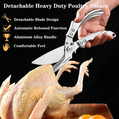 Heavy Duty Kitchen Shears, 2 Pack Detachable Poultry Scissors, Silver Black, Ambidextrous, Dishwasher Safe