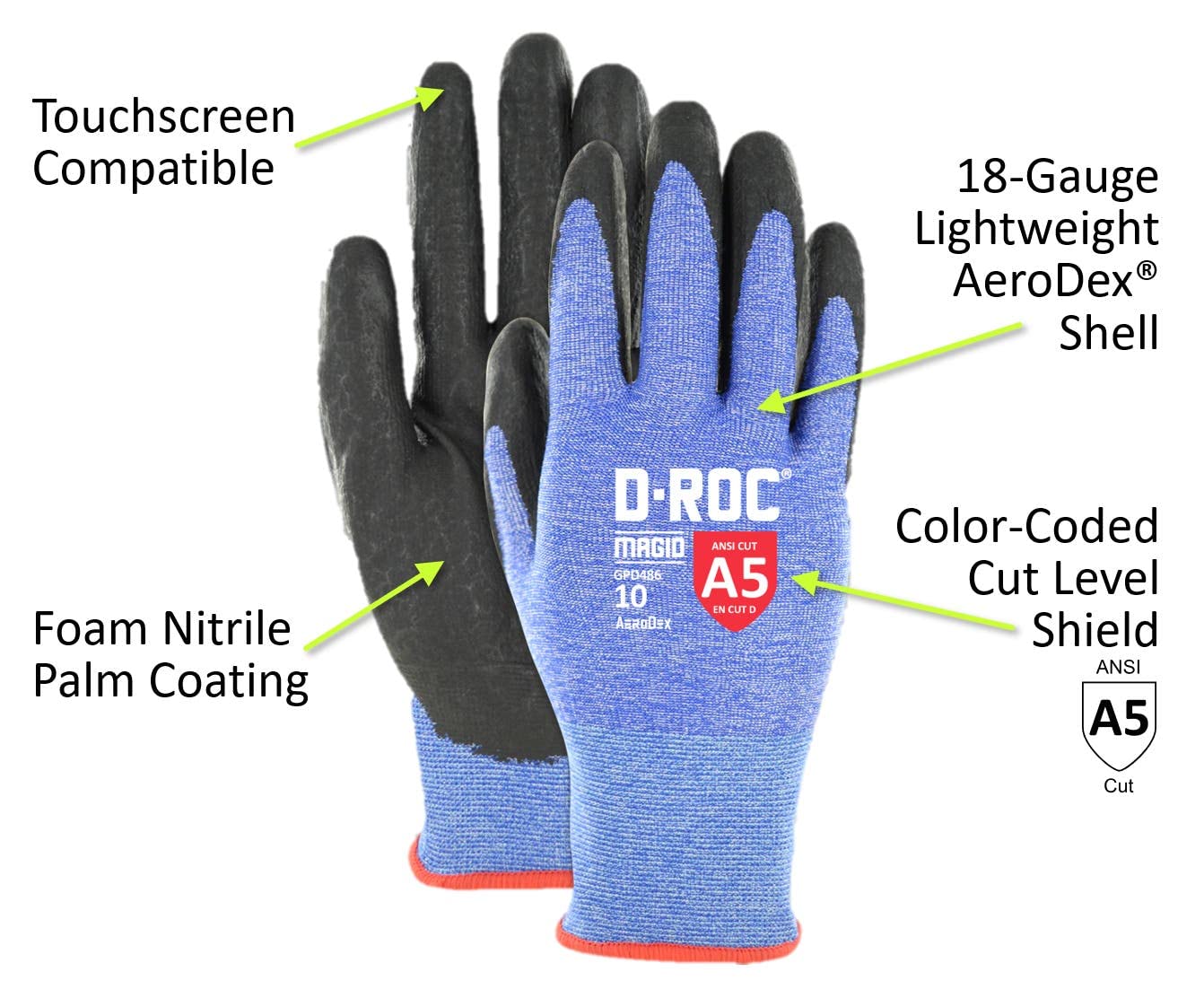 MAGID D-ROC AeroDex ANSI A5 Nitrile Coated Touchscreen Work Gloves, 1 Pair, Size 8/Medium (GPD486)