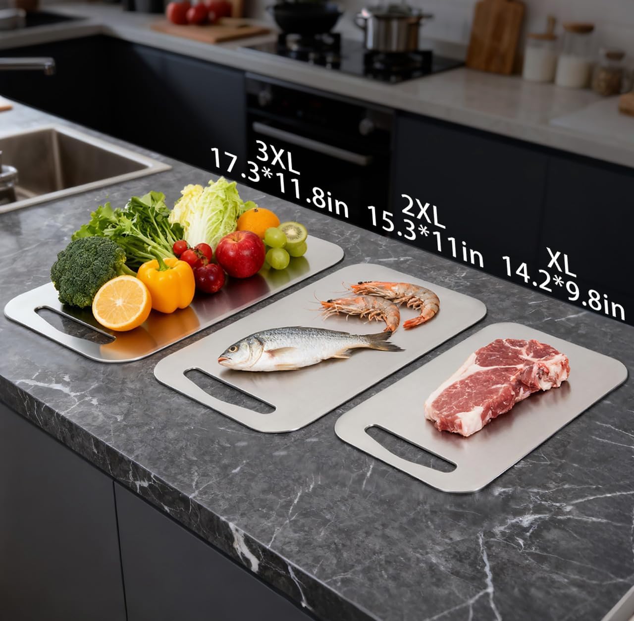 URMONA 3 PCS 304 Stainless Steel Cutting Board For Kitchen, Non-Staining&Odor-Free, Burr-Free Edges, Dishwasher Safe, Non Toxic Cutting Board（S+M+L）