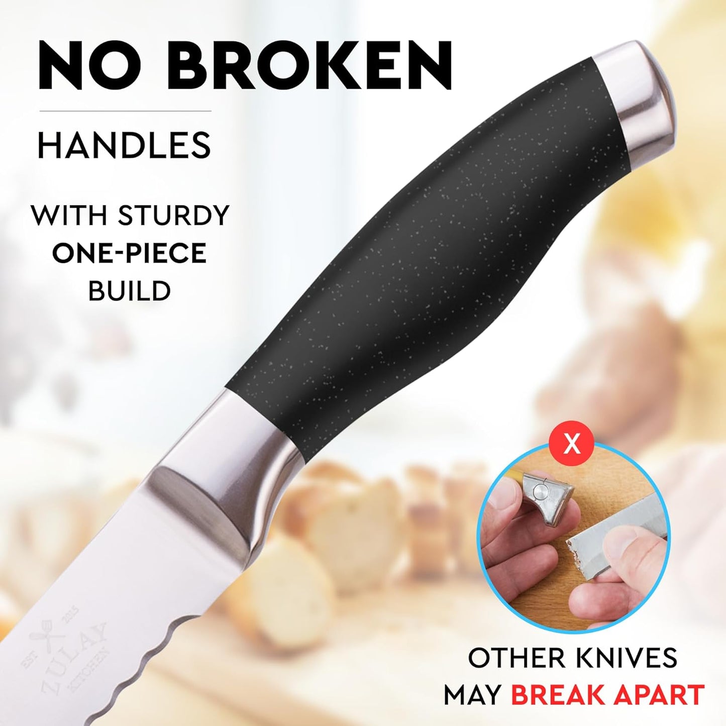 Zulay Kitchen Serrated Bread Knife - 8 Inch Stainless Steel Bread Cutter for Homemade Bread, Cake, Bagels, Pastries - Sharp & Durable Slicing Knife with Tip Safety Guard - Non-Slip 5" Handle - Blue