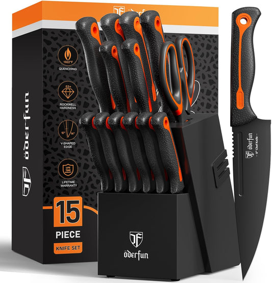 Knife Block Set -15 PCS Dishwasher Safe Kitchen Knife Set, High Carbon Stainless Steel, Razor-Sharp knives set with sharpener, Non-Slip Handles, Elegant Box for Her Him Women Dad Father