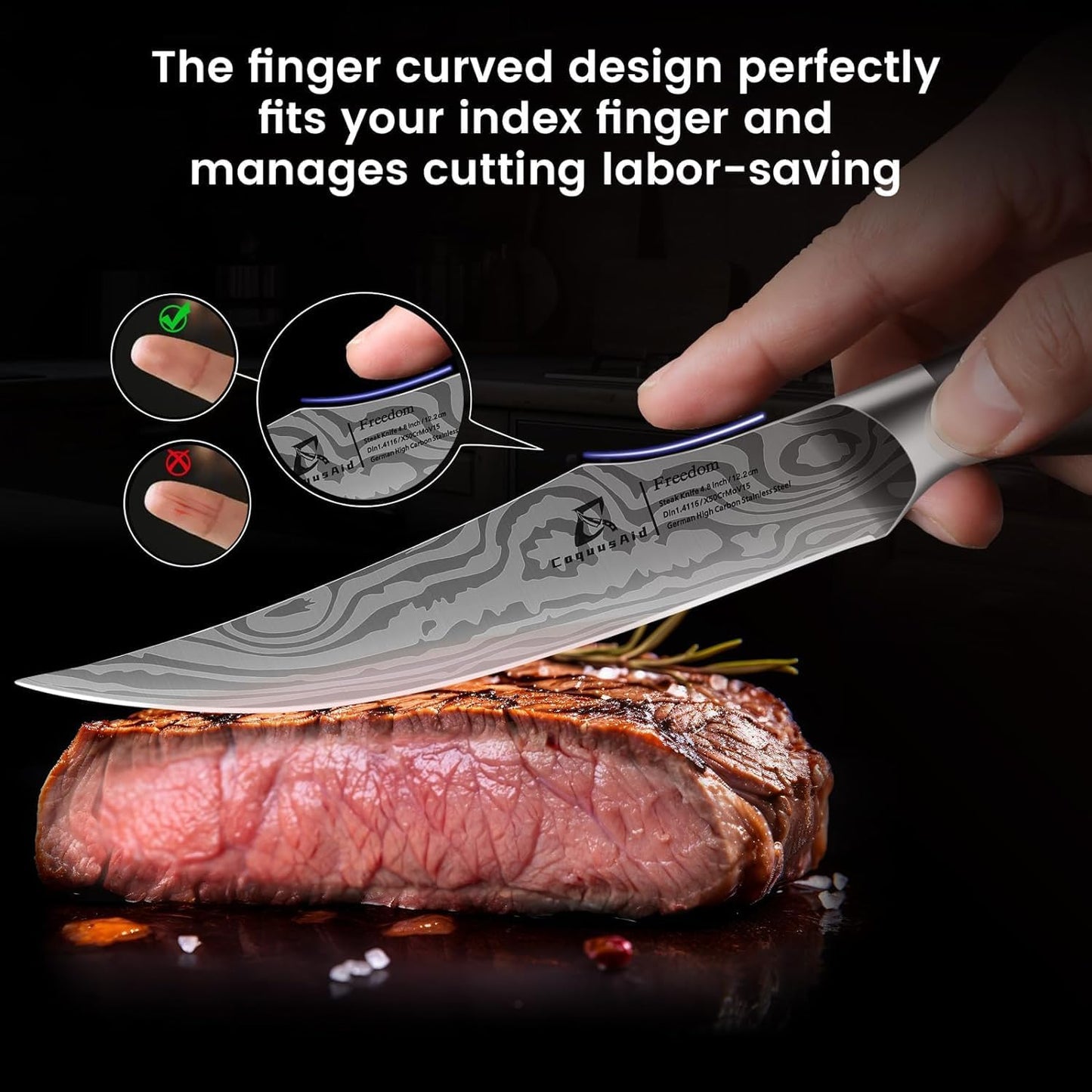 CoquusAid Steak Knives Set of 8, 4.8 Inch Straight Edge Ultra Sharp Durable Meat knives with Rest, High Carbon Stainless Steel Damascus Pattern Triple Rivet Handle, Ideal for Home Restaurant Party