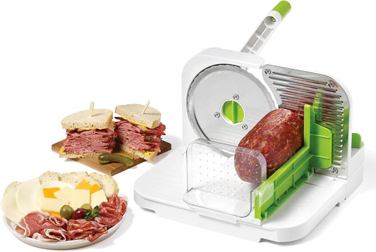 Starfrit Deli Slicer - Slices Meat, Cheese, Bread - 6.5" Stainless Steel Blade - Adjustable Thickness Knob - Nestable for Easy Storage | 2-in-1 Fruit and Vegetable with Bonus Peeler