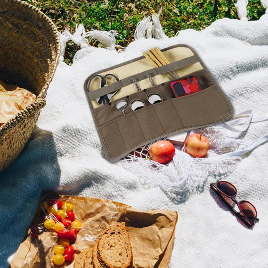 Camping Tableware Organize Bag, Knife Roll Cookware Set Canvas Storage Portable Hanging Picnic Cutlery Tablewares Storages Hang Out Equipment Hygiene Lightweight for Outdoor Barbecue Activities