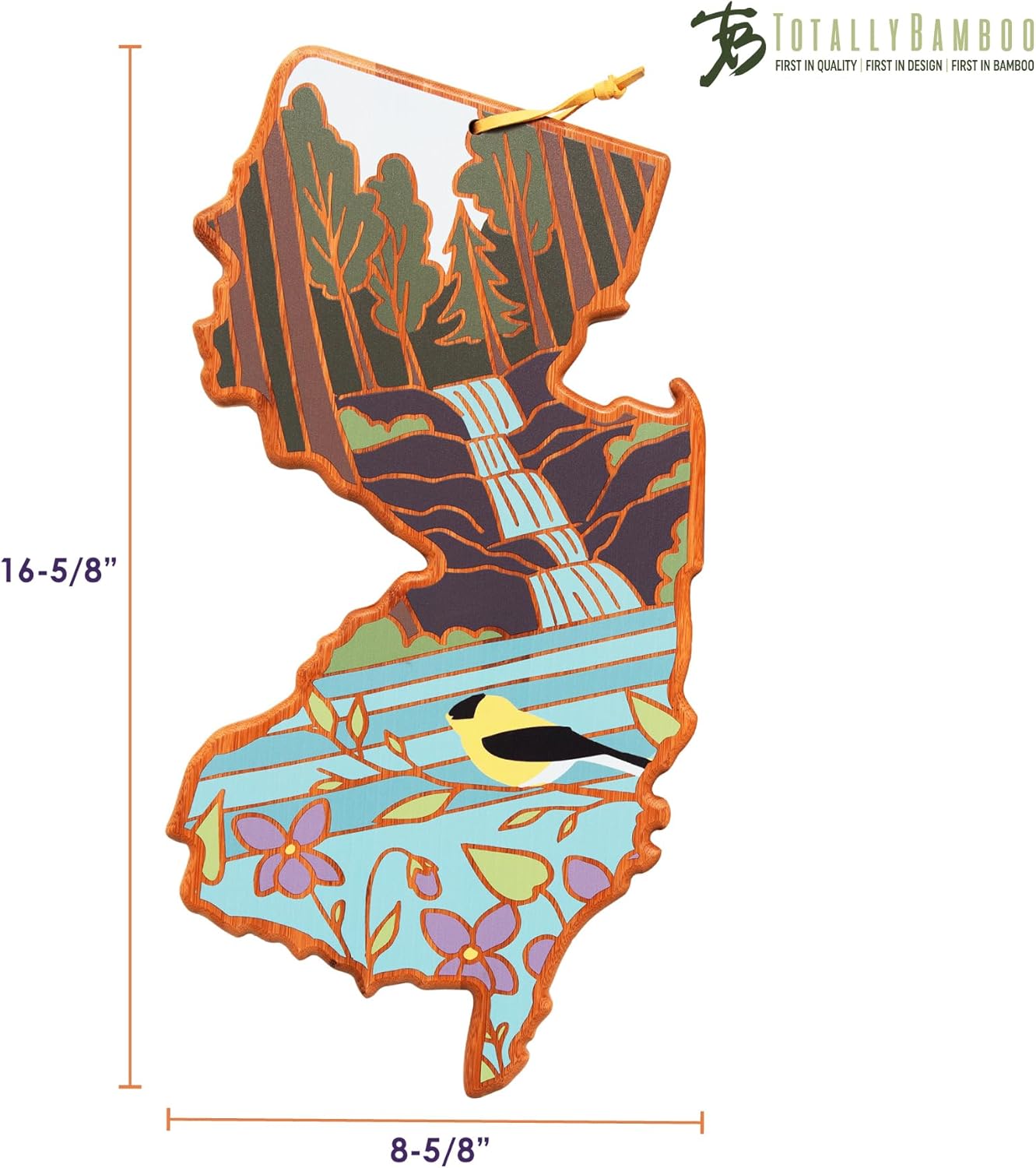 Totally Bamboo North Carolina State Shaped Cutting Board and Charcuterie Serving Platter with Artwork by Summer Stokes, Includes Hang Tie for Wall Display 18" x 8" x 5/8" - Colors A