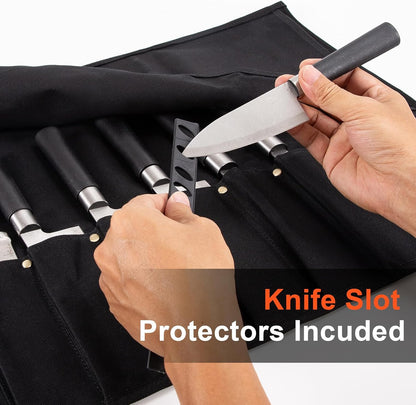 Chef Knife Roll Bag, Waxed Canvas knife bags for chefs professional, Portable 8 Slots Chef Knife Case With 1 Zipper Pockets & 8 Plastic Knife Guards Can Camping and Hold Home Kitchen Knife Tools