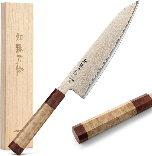 HEZHEN Kiritsuke Chef Knife,8.3 Inch, 37 Layers Tricolor Copper Damascus Steel-Japanese Damascus Knif- Professional Knife for Chefs&Home Cooking-Razor Sharp,Sycamore Wood Handle
