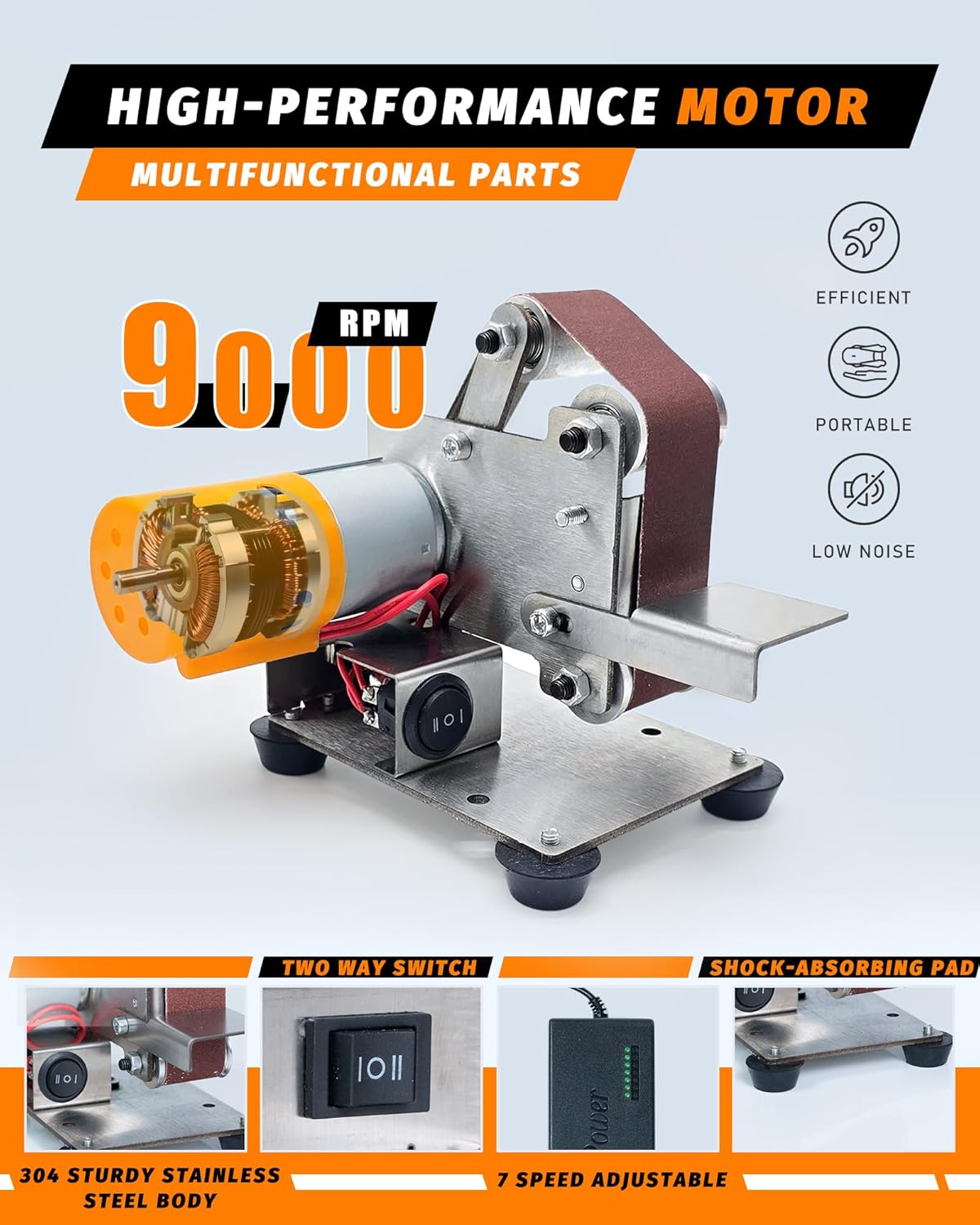 Mini Belt Sander, Electric Small Sander Knife Making Supplies, 7 Adjustable Speed Electric Knife Sharpener, Power Belt Grinder for Woodworking, Metal Working DIY (6.5'' x 6.8'' x 4.8'')