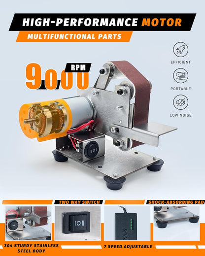 Mini Belt Sander, Electric Small Sander Knife Making Supplies, 7 Adjustable Speed Electric Knife Sharpener, Power Belt Grinder for Woodworking, Metal Working DIY (6.5'' x 6.8'' x 4.8'')