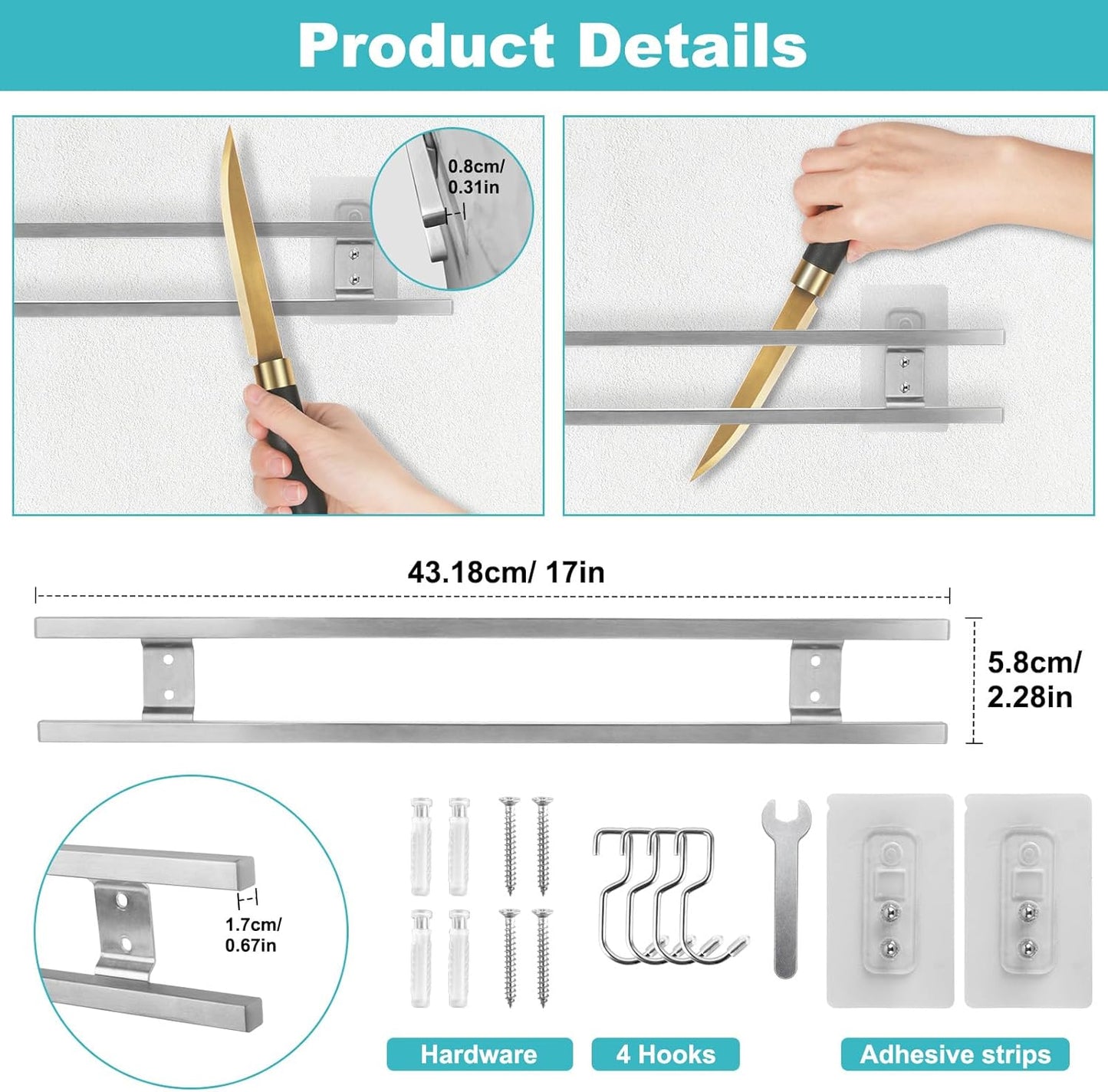 17 Inch Magnetic Knife Holder for Wall with 4 Hooks, No Drilling Knife Magnetic Strip Wall Mounted Dual Rod Strong Magnet Bar for Partry Garage Tool Rack, Knives Holder for RV Kitchen Organization