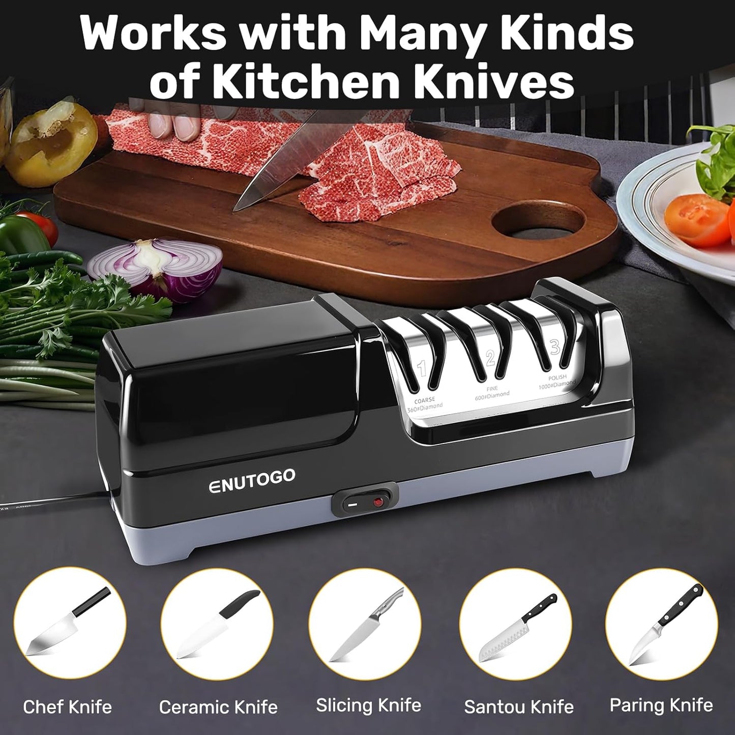 Enutogo Knife Sharpener, Professional 2-Stages Eleltric Knife Sharpeners with Diamond Abrasives for 20-Degree Straight Edge, Knife Sharpener for Kitchen Knives with Sharpening and Polishing