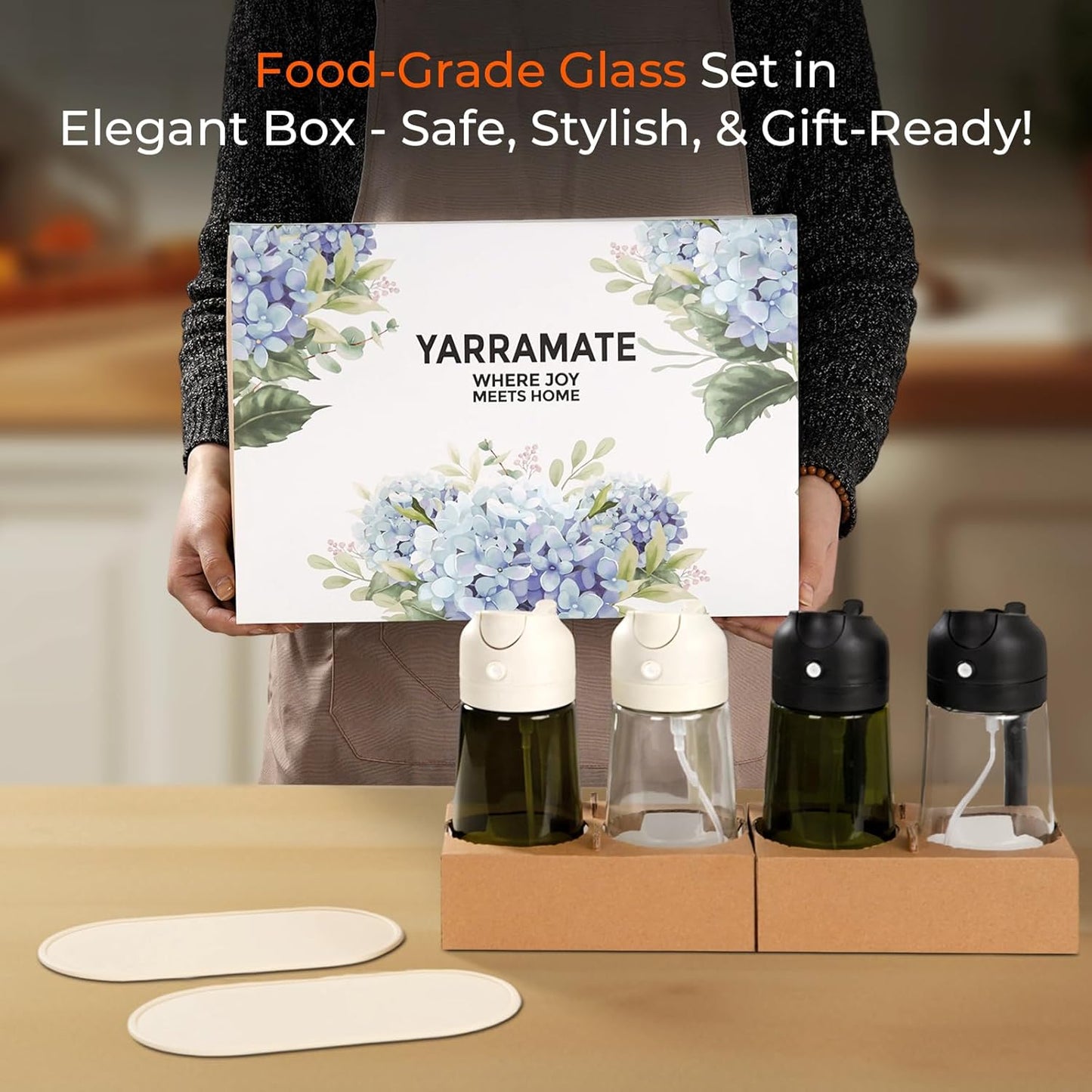 YARRAMATE 16oz/470ml Glass Olive Oil Sprayer for Cooking with Stickers, 2 in 1 Oil Dispenser for Kitchen Gadgets, Food Grade Premium Spray Bottle for Salad, Frying, BBQ (Creamy White)