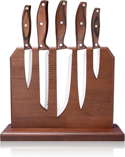 Knife Set 5-Piece with Handcrafted Wood Magnetic Block Holder | Chef,Utility,Bread & Fruit Knives | Stainless Steel with Glossy Finish