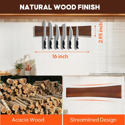 20 Inch Magnetic Knife Holder for Wall,Acacia Wood Double Sided Magnetic Knife Strip for Fridge,No Drilling