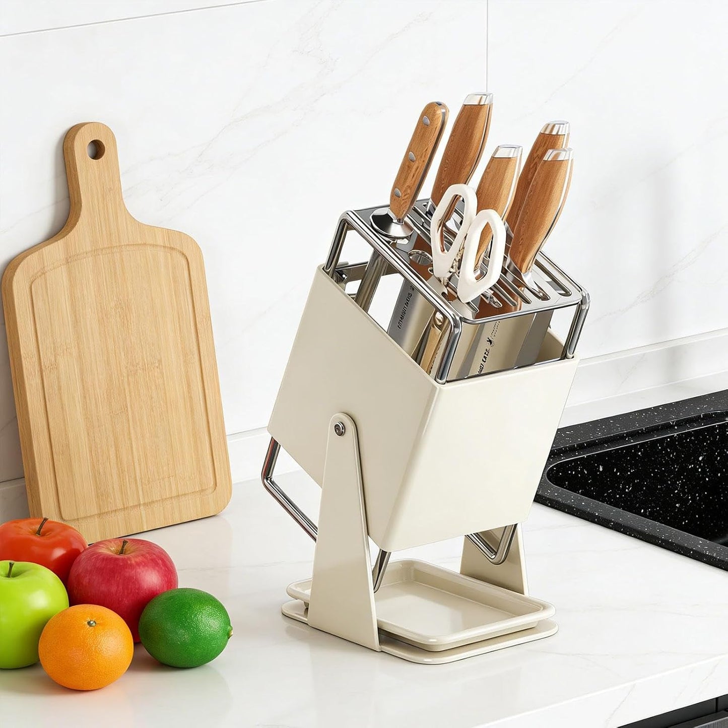 Knife Block Kitchen Knife Holder without Knives Stainless Steel for Restaurant Cooking, White