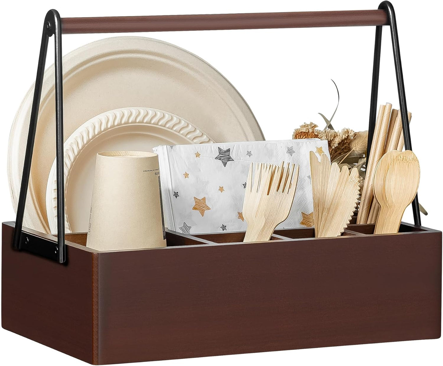 PTSTING Silverware Caddy Black Wood Silverware Holder Paper Plate Dispenser Utensil Caddy Cutlery Flatware Organizer Box for Spoons Forks Plates Napkins