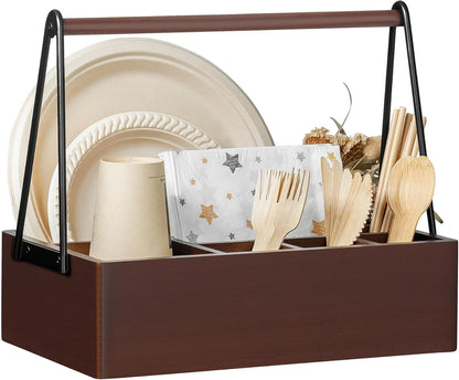PTSTING Silverware Caddy Black Wood Silverware Holder Paper Plate Dispenser Utensil Caddy Cutlery Flatware Organizer Box for Spoons Forks Plates Napkins