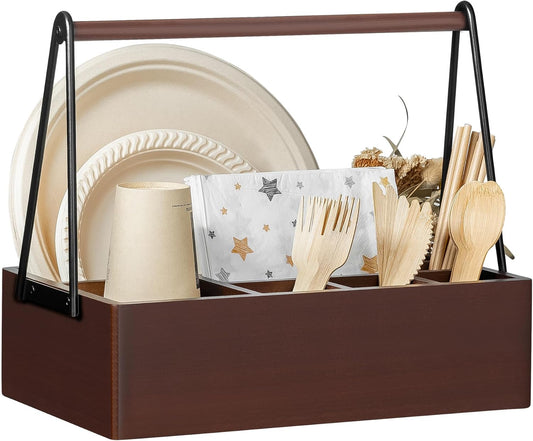PTSTING Silverware Caddy Black Wood Silverware Holder Paper Plate Dispenser Utensil Caddy Cutlery Flatware Organizer Box for Spoons Forks Plates Napkins