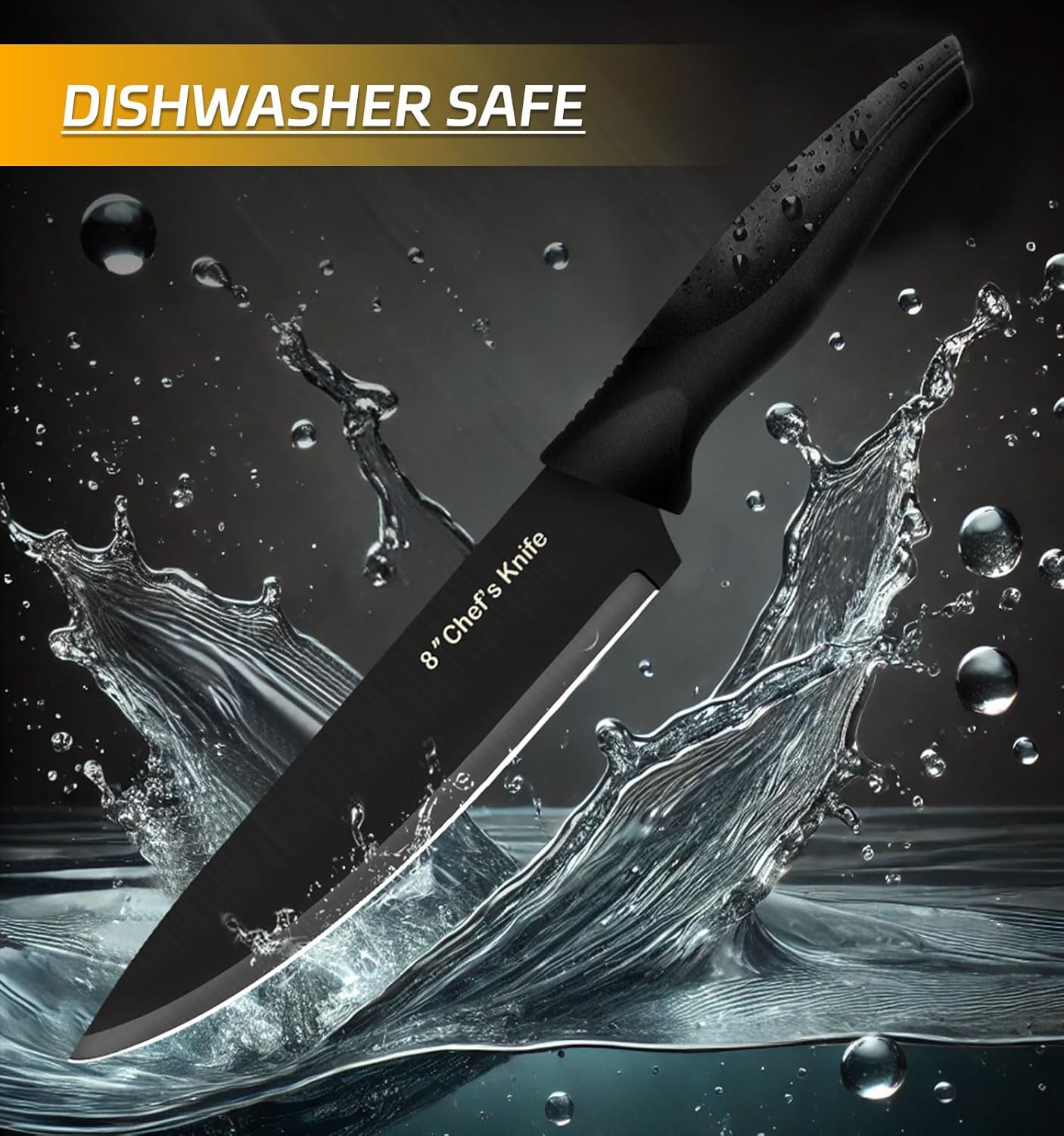 Knife Set, 8 Pieces Kitchen Knife Block Sets, High Carbon German Stainless Steel, Dishwasher Safe Cutlery with Sharpener, Black