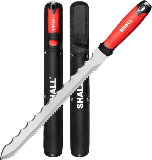 SHALL Insulation Knife, 11" Stainless Steel Blade Insulation Cutter, Dual-sided Serrated Sharp Duct Cutting Tool with Sheath for Heat Material Foam/Rockwool/Styrofoam - Sod Cutter Garden Knife