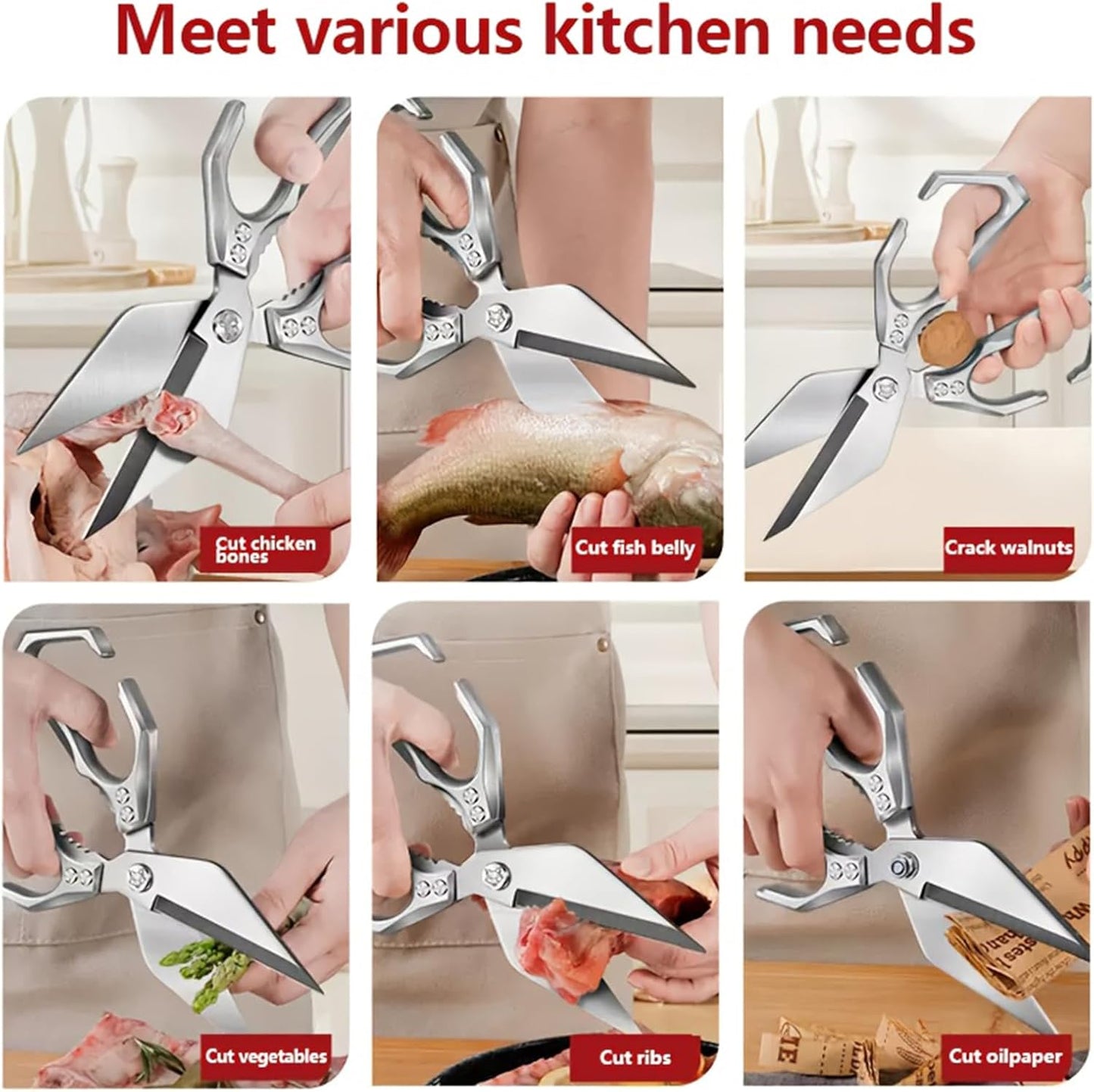 Multifunctional Heavy-Duty Kitchen Shears, Poultry Scissors with Ergonomic Handle, Dishwasher Safe Shears for Chicken, Meat, Seafood, Bone Cutting (Red)