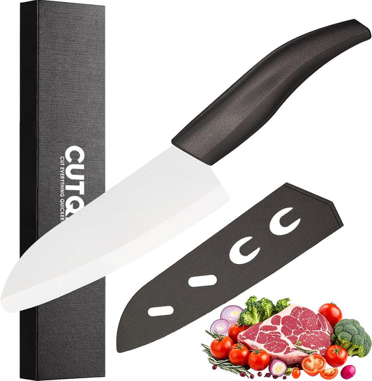 7" Ceramic Knife with Cover - Light, Precise, Sharp Ceramic Santoku Knife - Japanese Chef's Kitchen Knives with Gift Box