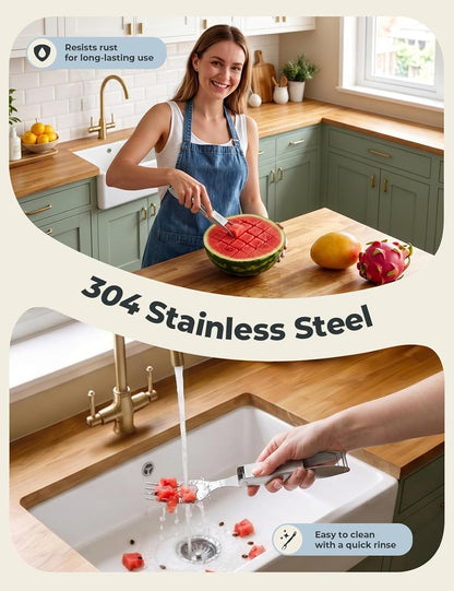 CripsTaste Watermelon Cutter with Retractable Fork, 2-in-1 Stainless Steel Fruit Cutter Watermelon Cutter Slicer Tool, Melon Slicer Cutter Tool for Home Party Camping Kitchen Gadget