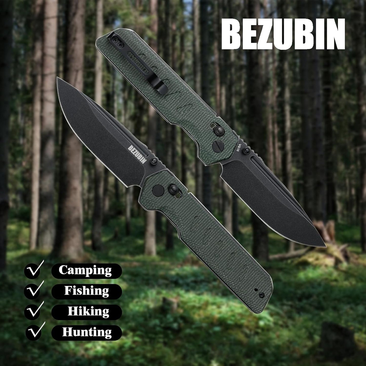 Folding Pocket Knife 3.25" VG10 Blade EDC Folding Knife with Safety Axis Lock Black G10 Handle Hunting Camping Knife with Thumb Stud Opener