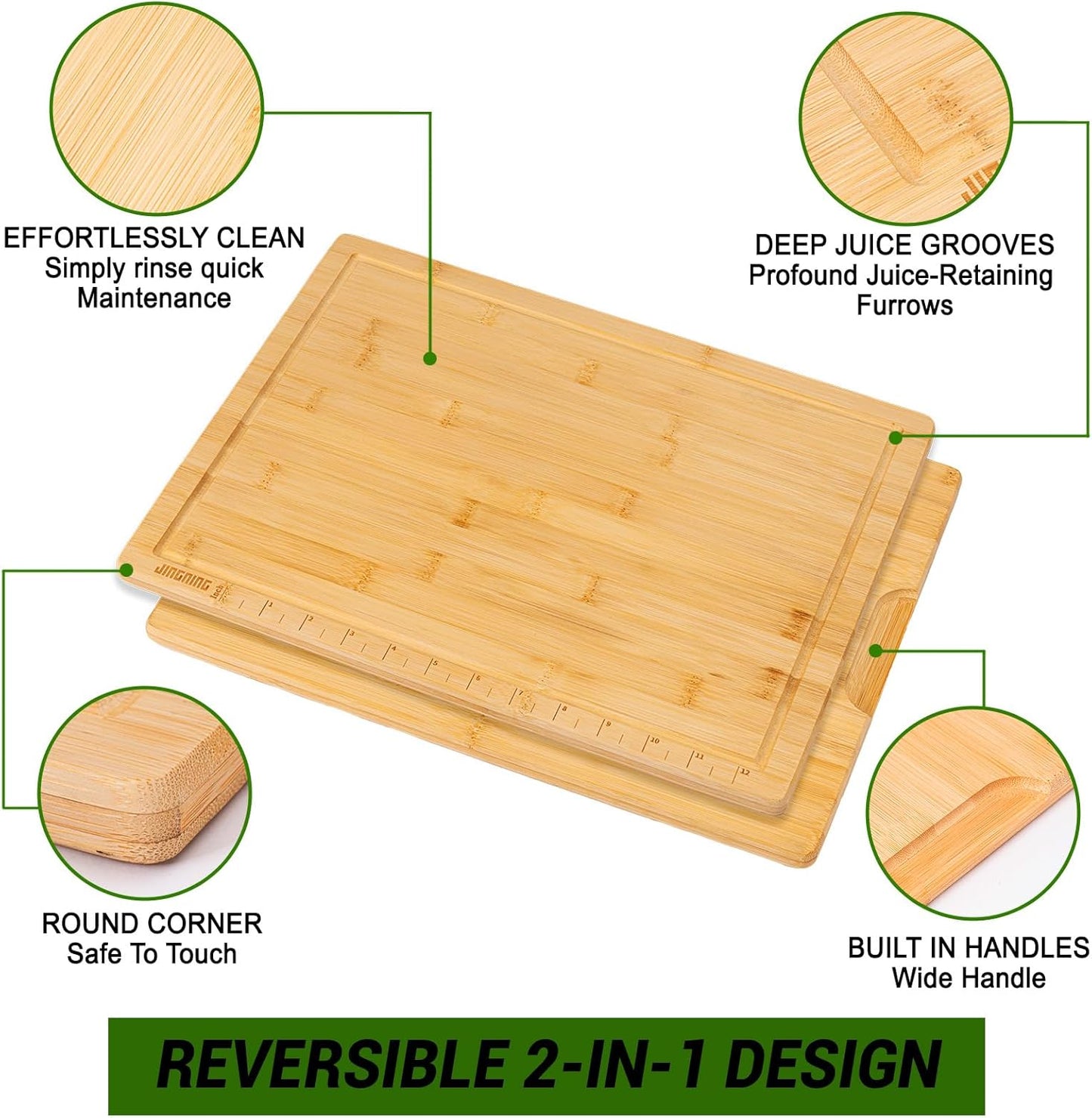 JINGNING Deep-Carbonized Bamboo Cutting Board Set for Kitchen with Wood Storage Stand, Deep Juice Grooves, Easy-Grip Handles & Non-Slip Pads, Premium Kitchen Gift