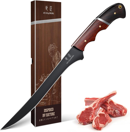 DRGSKL Boning Knife 7 inch - Brisket Trimming Knives for Meat Cutting, Black Butcher Slicing Knives with Full Tang Handle, Kitchen Fillet Knife for Birthday Dad Mom Gift
