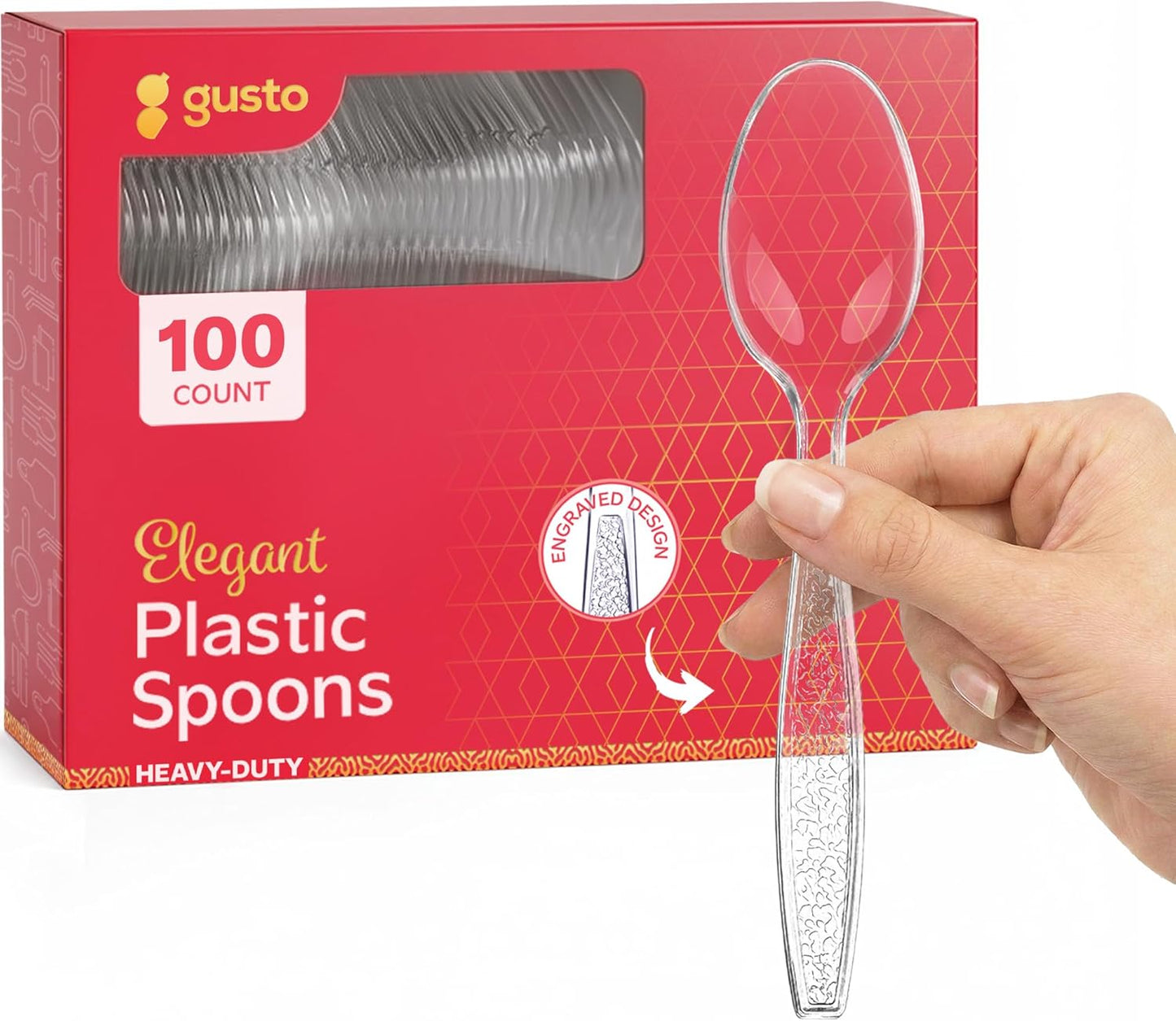 GUSTO [100 Pack Clear Plastic Knives Heavy Duty with Engraved Design - Disposable, Sturdy for Parties, Weddings, and Events-(Formerly Comfy Package)