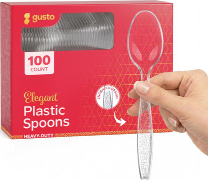 GUSTO [100 Pack Clear Plastic Knives Heavy Duty with Engraved Design - Disposable, Sturdy for Parties, Weddings, and Events-(Formerly Comfy Package)