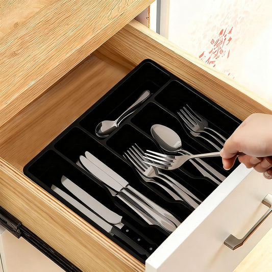 Silverware Organizer with Lid, Covered Utensil Tray for Kitchen Drawer and Countertop, Plastic Cutlery and Flatware Storage Box for Spoons Forks Knives Holder Case, 6 Compartments, Black