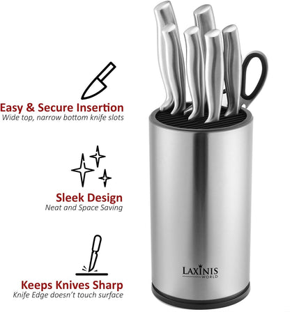 Laxinis World Universal Knife Block, Stainless Steel Round Knife Holder with Scissors-Slot, Counter-top Storage, Holds 12 8.5”-Blade Knives, 9” by 4.5” (knives not included)