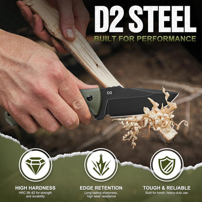 Freelander Fixed Blade Knife with Kydex Sheath, D2 Steel Outdoor Survival Knife, Full Tang EDC Camping Knives with G10 Handle, 3.15 inch Compact Bushcraft Hunting Knives for Men, Gray Green