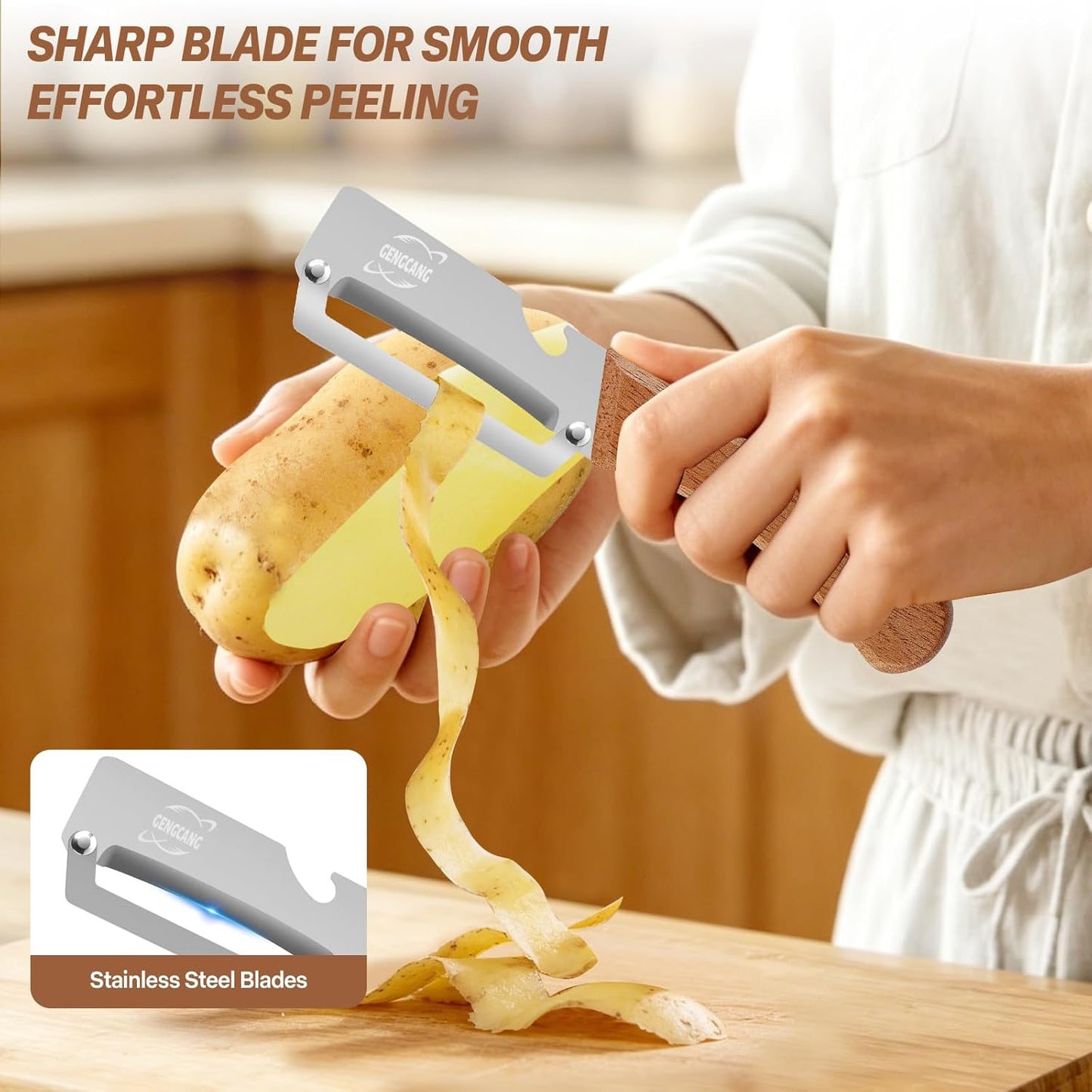 Multi-Functional Vegetable Peeler, Non-Slip Wooden Handle with Sharp Stainless Steel Blade, Built-in Bottle Opener - Perfect Kitchen Peeler For Veggie, Fruit, Potato, Carrot, Apple