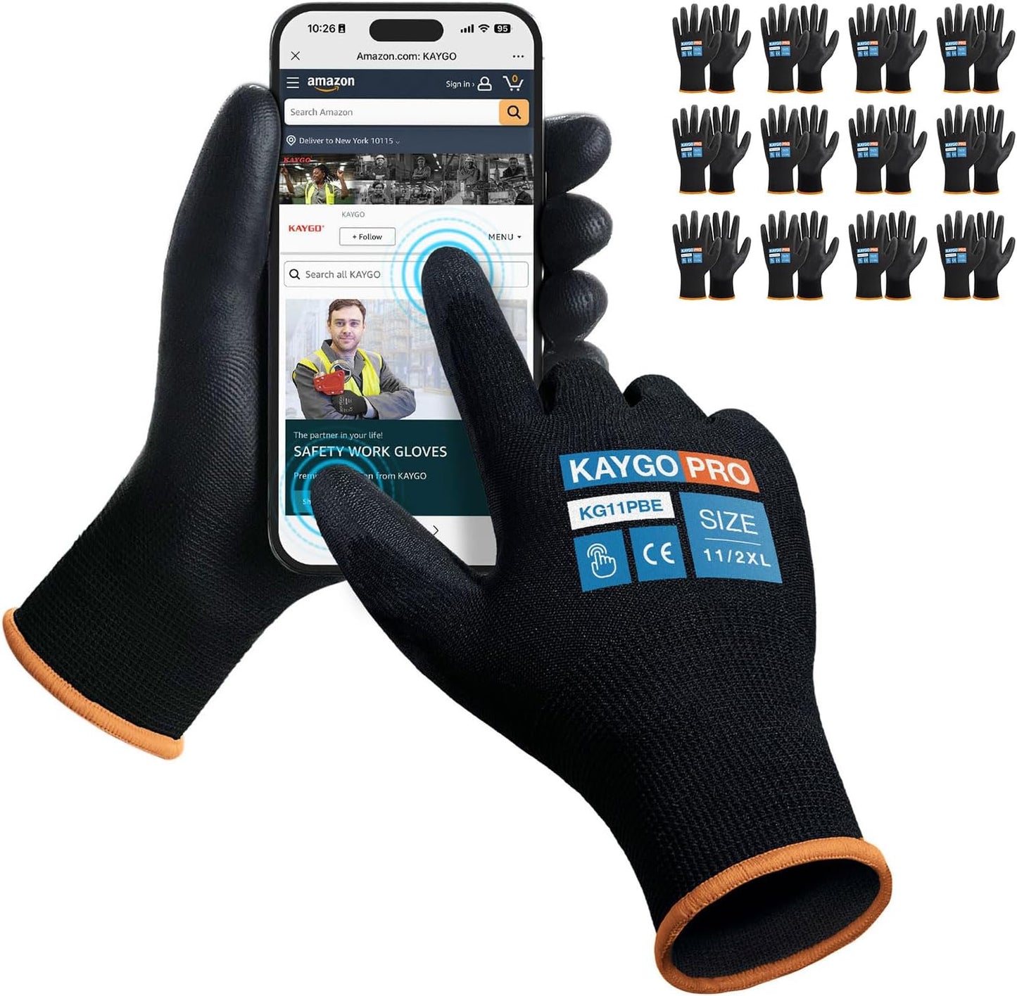 KAYGO Work Gloves for Men and Women,12 Pairs Seamless Knit PU Coated Safety Gloves, with Smooth Grip on Palm and Fingers, Ideal for Light Warehouse, Manufacturing, Gardening, KG11P (M, Black)