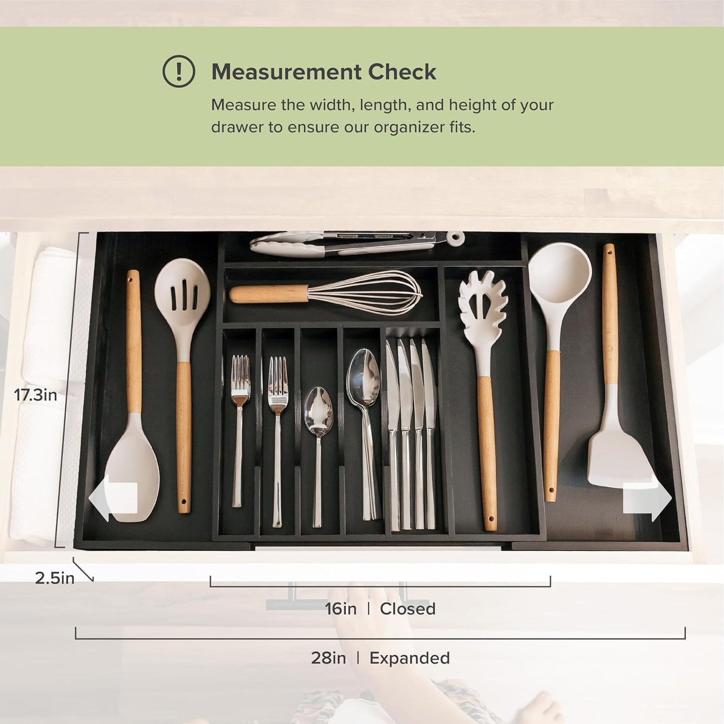 KitchenEdge Premium Silverware, Flatware and Utensil Organizer for Kitchen Drawers, Food-Safe Contract Grade, Expandable from 18 to 33 In, Natural Bamboo
