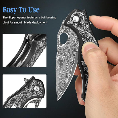 KOMWERO Damascus Pocket Knife for Men, VG10 Core Damascus Steel Folding Knife with Wood Handle, Ball Bearing, Thumb Hole, Liner Lock, Sheath for EDC Outdoor Survival Hunting