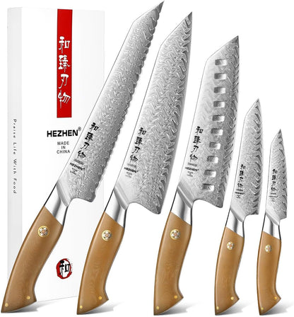 HEZHEN Damascus Chef Knife, 8.5 Inches, 67 Layers Damascus Steel, Professional Japanese Kitchen Knife for Chefs and Home Cooking, Ultra-sharp Blade with Linen Micarta Handle, Gift Packing