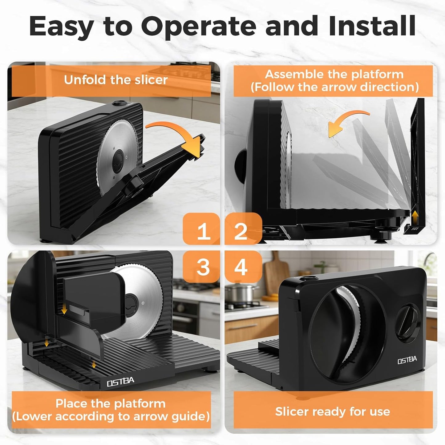 OSTBA Foldable Electric Food Slicer, Adjustable Thickness 0–15mm, 6.7” Stainless Steel Blade, 150W Motor, Portable & Easy-to-Clean, Meat, Cheese, Bread, and Vegetable Slicer for Home Kitchen, Black