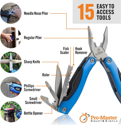15-in-1 Multitool Pocket Knife, Multipurpose Stainless Steel All In One Tool for Camping Hiking Survival Travel Home - Portable Heavy Duty Folding Utility Multi Tool with Self-Locking