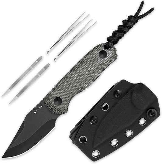 Kizer Drop Bear Fixed Blade Knife, 2.57" Black Stonewash D2 Blade EDC Camping Knife with Olive Green G10 Handle & Hidden Tool, Full Tang Hunting Survival Knives with Adjustable Kydex Sheath, 1094M1