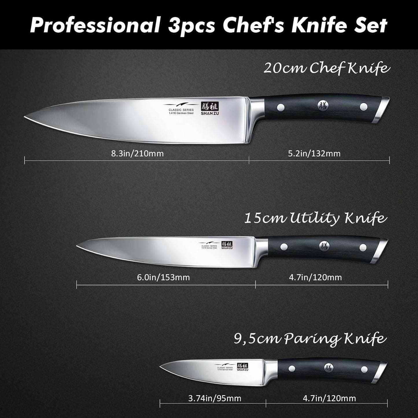 SHAN ZU 3Pcs BBQ Carving Knife Set with Sheath – for Turkey, Meat, BBQ, Brisket, Razor Sharp Slicing Knife, Professional 5Cr15MoV Stainless Steel, Ergonomic Full Tang Wood Handle, Gift Box Included