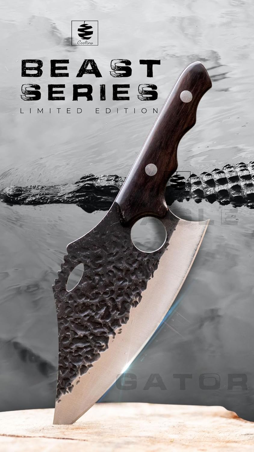 COOLINA Daozi 8" Butcher Knife, Hand-Forged High-Carbon Steel Cleaver for Heavy-Duty Meat Cutting, Slicing, Chopping, Brisket & BBQ, Full-Tang Forged Blade with Ergonomic Wood Handle