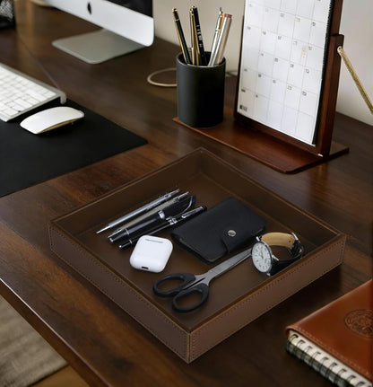 HofferRuffer Faux Leather Vanity Tray, Elegant Desktop Storage Organizer, Decorative Catchall for Perfume, Bathroom Valet, Nightstand or Dresser, 10.2 x 8.4 x 1.8 inches (Grey Stripe)