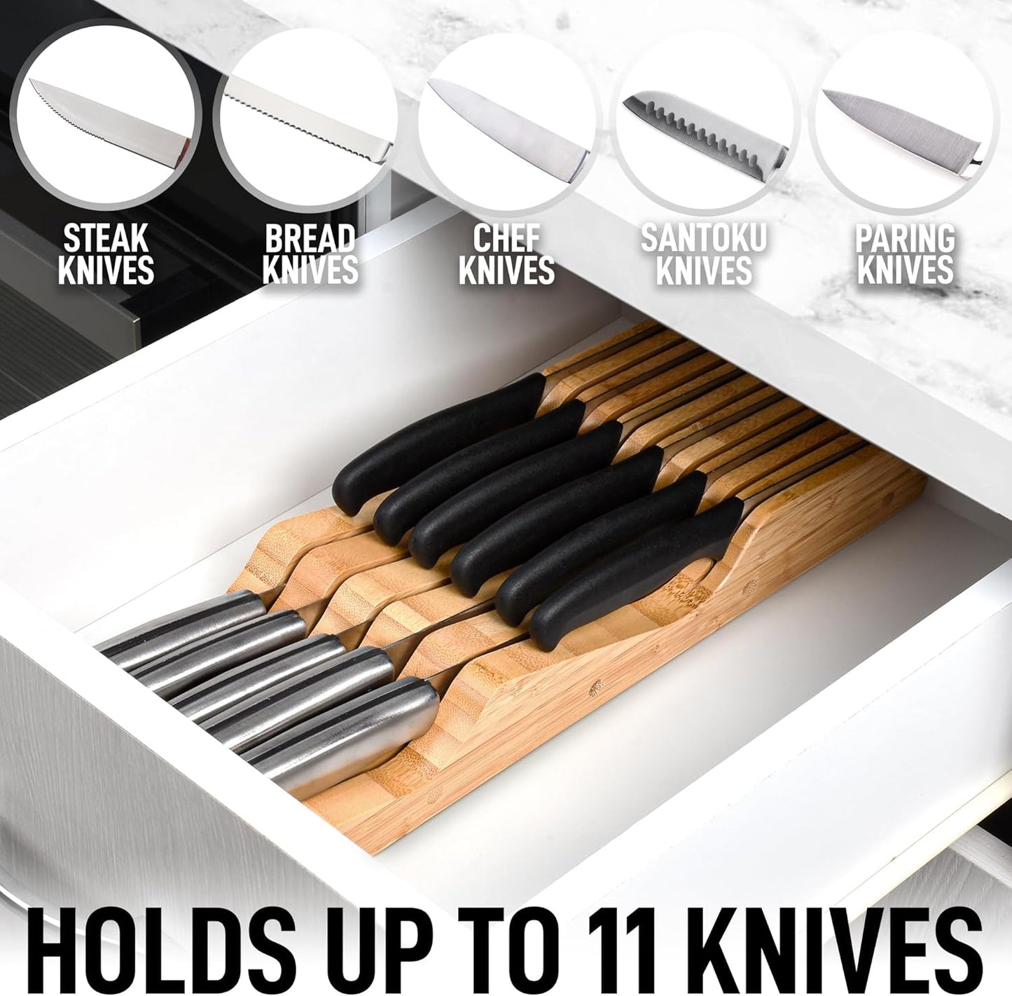 Bamboo Knife Drawer Organizer Insert - Edge-Protecting Knife Organizer Block Holds Up To 11 Knives - Smooth Finish Drawer Knife Organizer Tray Fits In Most Drawers For Kitchen